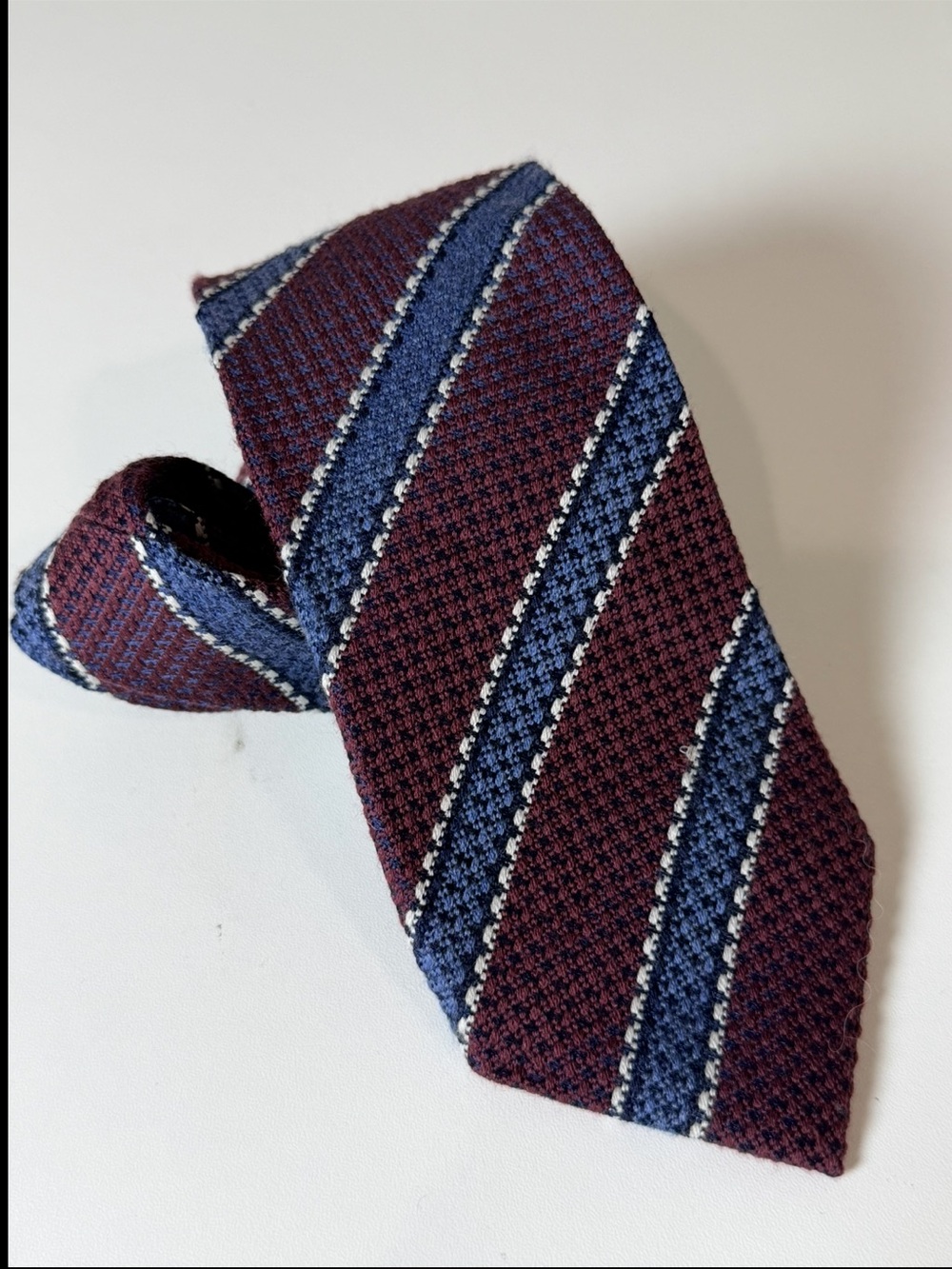Charles Tyrwhitt Knit Wool Silk Blend Burgundy and Navy Textured Stripe Tie